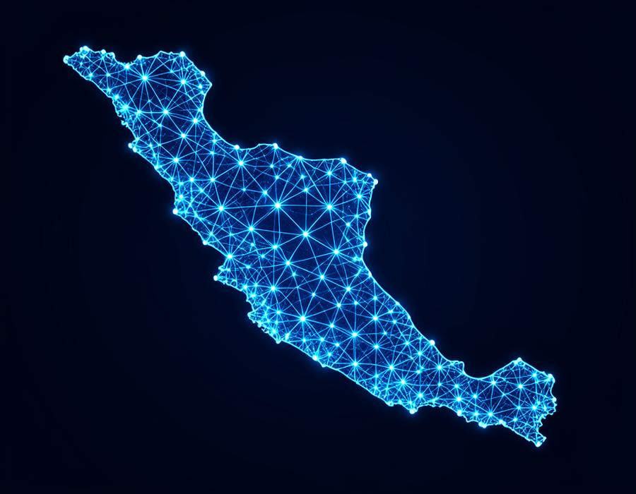 Mapa de México con red de conectividad satelital